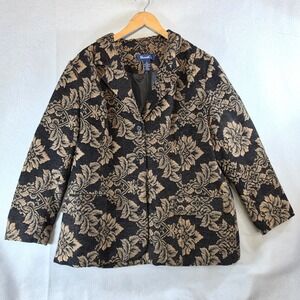 Denim & Co Dark Academia Tapestry Floral Damask Blazer 1X Plus Size Black Tan